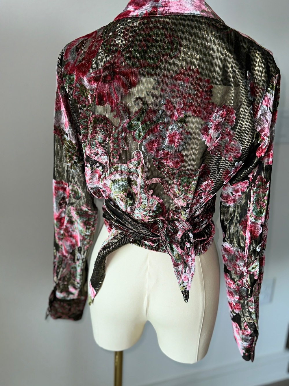 Le Superbe Velvet Floral Blouse in Olive & Pink - Picture 4 of 16